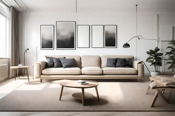 interior design of living room with sofa and framed posters