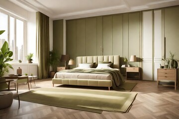 Naklejka na ściany i meble Spacious bedroom interior in beige and olive colour