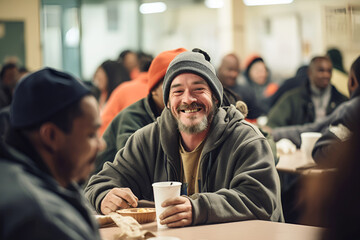 Homeless white man sits at a table during lunch in a noisy shelter cafeteria, surrounded by other people - obrazy, fototapety, plakaty