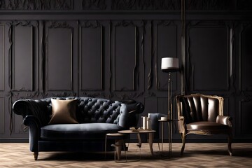 Contemporary interior design for a house or business, with upholstered furniture set against a traditional, dark wall