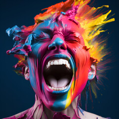 Explosion of Colors: Dynamic Paint Splash on Screaming Woman, Vibrant Artistic Expression