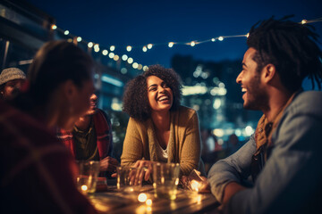 A group of friends of various ethnicities enjoying a rooftop party