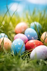 Colorful easter eggs in grass. Happy easter background.