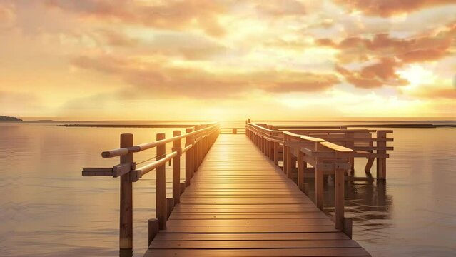 The golden rays of the setting sun dance on the calm sea, as a wooden bridge stands tall, a symbol of peace and harmony in this idyllic scene.