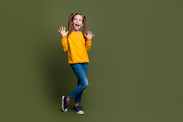 Full size photo of astonished kid with tails dressed yellow sweatshirt look empty space sale hands...