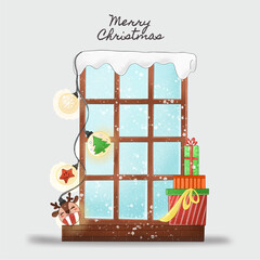 House window with gift boxes and christmas lights