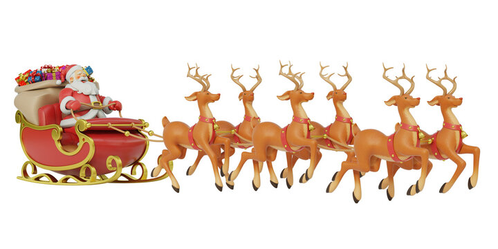 Santa Claus with sledge, deers and Christmas presents 3d rendering