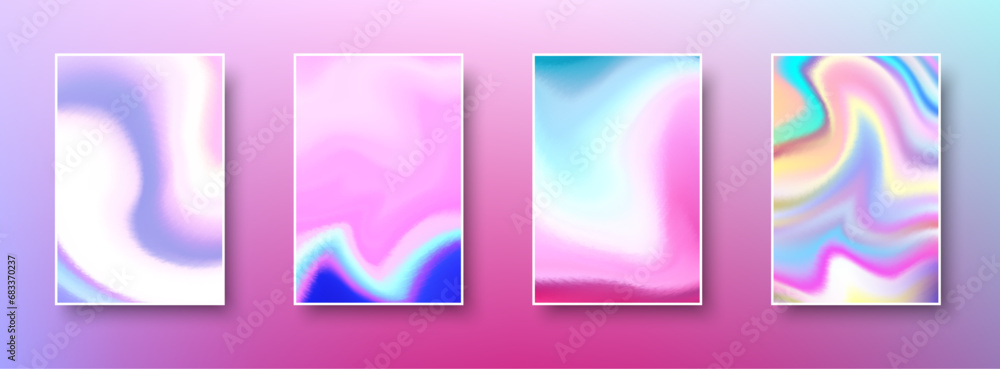 Poster set of colorful hologram paper card. abstract holographic wavy gradient mesh color backgrounds.