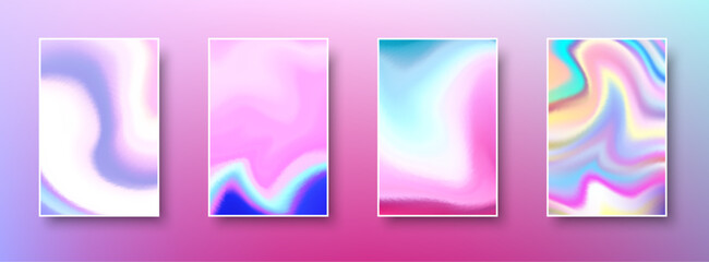 Set of colorful hologram paper card. Abstract holographic wavy gradient mesh color backgrounds.