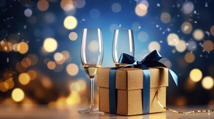 Two champagne glasses with a gift box on blue and gold glow particle abstract bokeh background