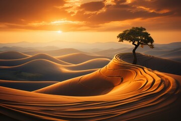 Enchanting Fantasy Landscape with a Solitary Tree and Mesmerizing Wave Pattern