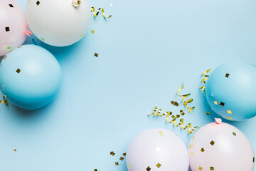 Background with fastive air balloons of round shape and confetti, multicoloured top view. Birthday party background © sosiukin