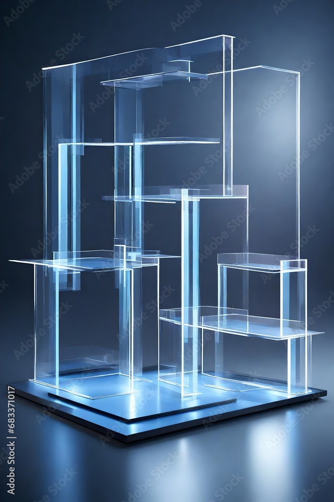 Poster design an abstract 3d podium arrangement with intersecting transparent planes, creating a visually c