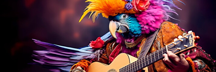 A parrot playing the guitar in a Snowman costume. Generative AI
