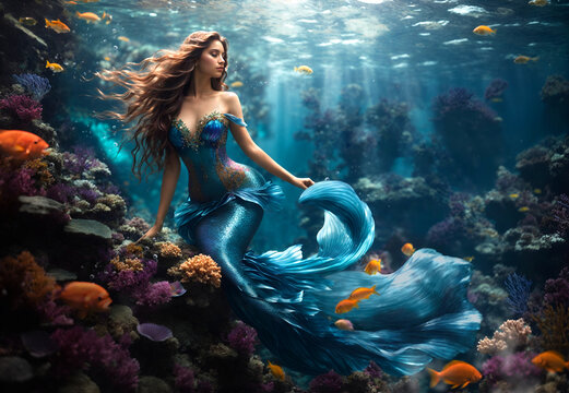 Beautiful mythical mermaid in an ocean full of marine life. - Powered by Adobe