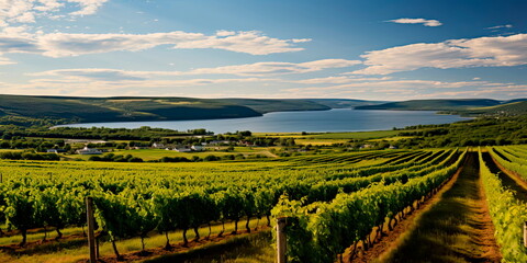 Fototapeta premium aerial view of neatly arranged vineyard rows in a wine-producing region . Generative AI