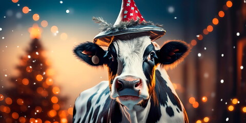 A cow in a New Year's hat with bells. Generative AI