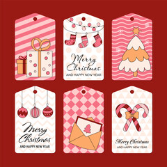 Christmas tag on gifts drawn by hand. red, white, gold