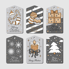 Christmas tag on gifts drawn by hand. silver, white, gold