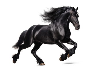 running black friesian horse on isolated background
