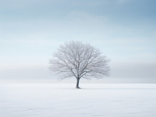 Fototapeta na wymiar The Lone Tree: Minimalism in a Snowy Expanse