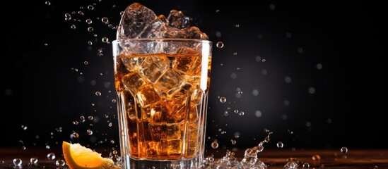 Dark background with splashed ice and glass holding a soft drink