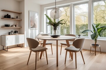 Side view of a round dining table in a modern Scandin