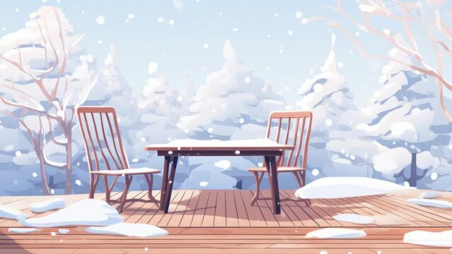 Winter snow wooden table in the background with snow Illustration - Still Image Animation, with video effects - Seamless loop animation - Created using AI Generative Technology