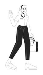 Happy office worker female leaving work black and white 2D line cartoon character. Blonde caucasian employee isolated vector outline person. Goodbye businesswoman monochromatic flat spot illustration