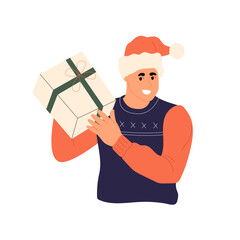 Happy young man in Santa hat holding Christmas gift box in hands. Smiling guy in winter sweater shaking Xmas wrapped present. Flat graphic vector illustration isolated on white background
