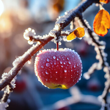 A red apple hangs on a branch in the frost of late autumn