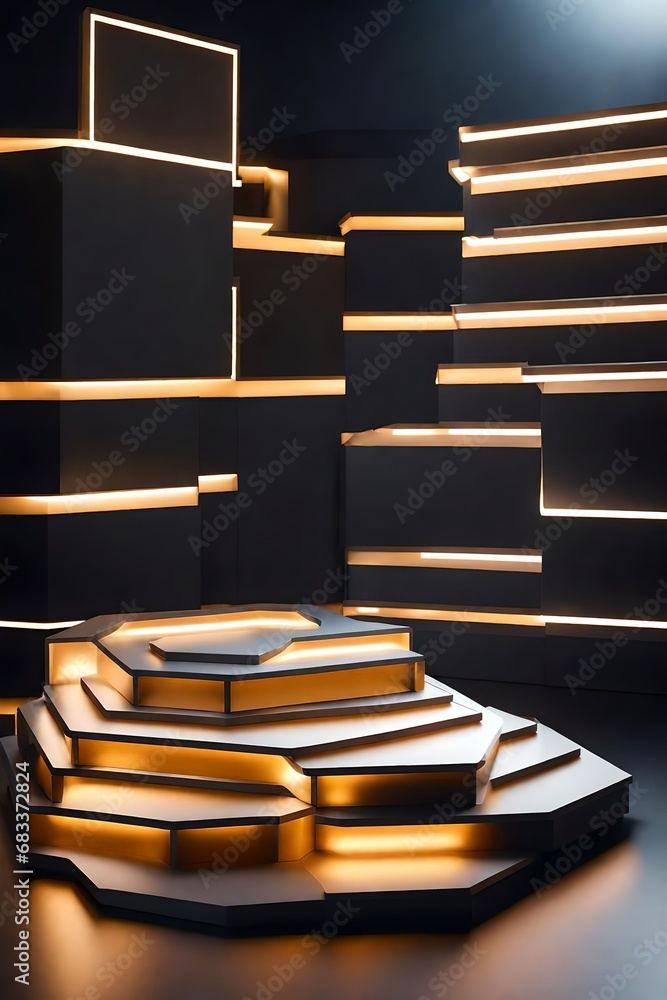 Poster develop a visually striking 3d scene with a hexagonal podium , each tier designed for optimal produc