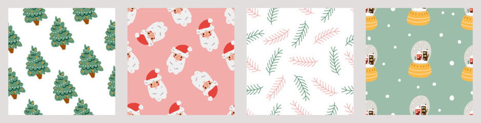 Set of abstract Christmas seamless patterns. Cute Xmas repeating backgrounds collection. Winter holidays print bundle. Flat cartoon vector illustration