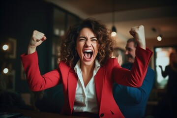 businesswoman, celebrating their success, in the style of intense emotional atmosphere.  business people cheering in office with arms raised,