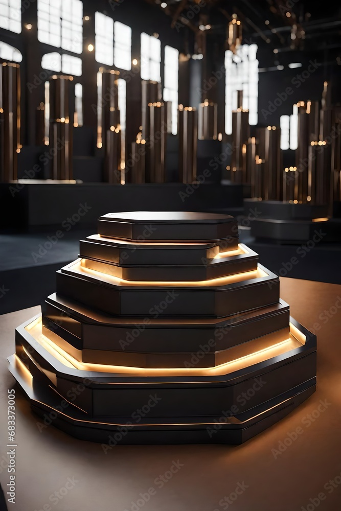 Poster develop a visually striking 3d scene with a hexagonal podium , each tier designed for optimal produc