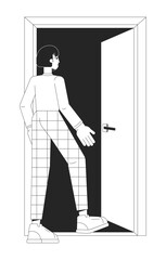 Asian female employee leaving door black and white 2D line cartoon character. Young korean office worker exit isolated vector outline person. Woman fired layoff monochromatic flat spot illustration