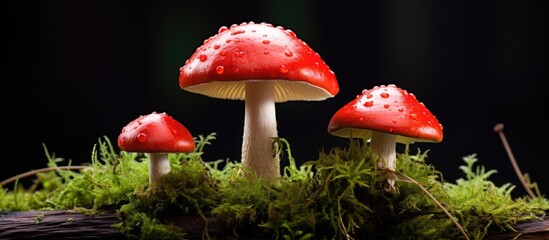 Three red mushrooms on moss for fairy tale setting