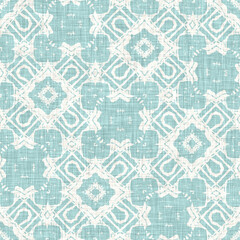 Teal aqua white vibrant watercolor batik azulejos tile background. Seamless coastal blur linen effect geometric mosaic effect.Boho Patchwork nautical masculine all over summer fashion repeat.