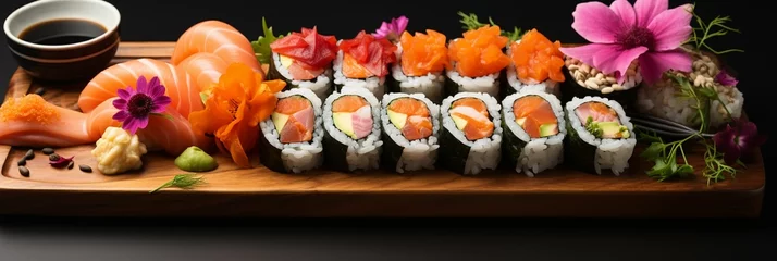 Foto op Plexiglas Mixed Sushi Rolls on table background, Fresh Tasty Food, vegetables and Shoyu, wasabi © AlexCaelus