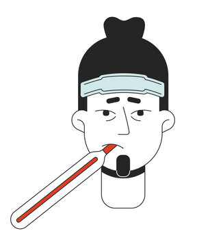 Caucasian bearded man getting sick 2D linear vector avatar illustration. Adult male flu temperature measurement outline cartoon character face. Feverish guy flat color user profile image isolated