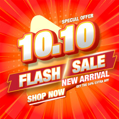 10.10 Shopping Day Banner Template design special offer discount, Super Sale banner template. 10.10 3D Flash sale banner template design for web or social media. Eps10 vector illustration.