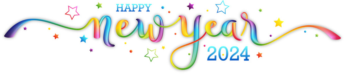HAPPY NEW YEAR 2024 rainbow gradient brush calligraphy banner with stars on transparent background