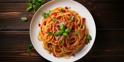 Spaghetti plate on background, Fresh Tasty Food, pasta, basil