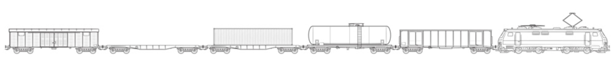 Modern cargo train with multiple cars - outline vector stock illustration.