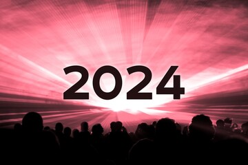 Happy new year 2024 red laser show party people crowd. Luxury entertainment with audience silhouettes turn of the year celebration. Premium nightlife event at holidays season party time