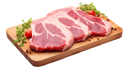 Raw pork meat on wooden board isolated on white background