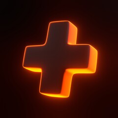 Obraz premium Plus sign with bright glowing futuristic orange neon lights on black background. 3D icon, sign and symbol. Cartoon minimal style. 3D render illustration
