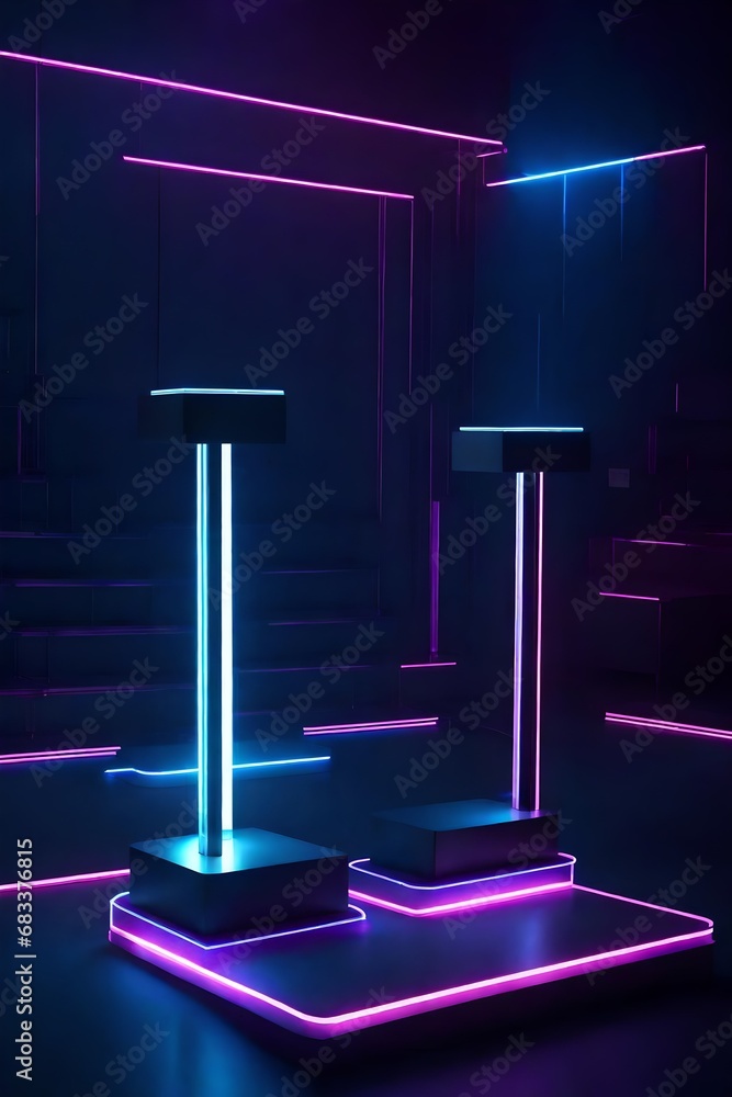 Poster create a high-tech 3d podium environment with led-lit acrylic podiums, emitting a soft glow.