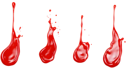 Deurstickers Set of red and white drops and splashes of ketchup or sauce isolated on transparent background. With clipping path. Full depth of field. Focus stacking.  © Ziyan Yang