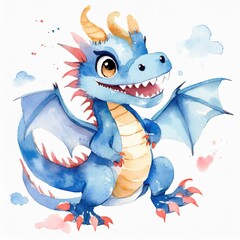 Naklejka premium Cute Blue Dragon with watercolor on white background, Year of the Dragon. AI generated.